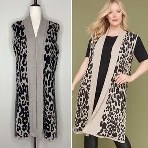 Lane Bryant Wool Blend Leopard Sleeveless Duster Open Front Long Cardigan